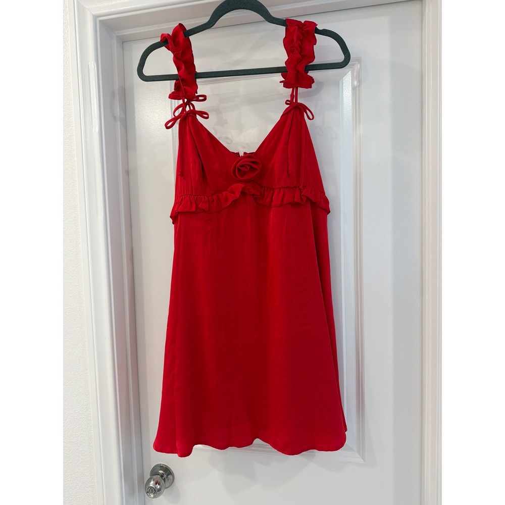 Wild Fable Red Ruffle Strap Rose Detail Mini Dress Womens Size Medium NWT